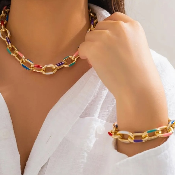 🌟 2Pcs/Set Colorful Chunky Bohemian Fashion Choker Necklace Bracelet - Picture 3 of 5